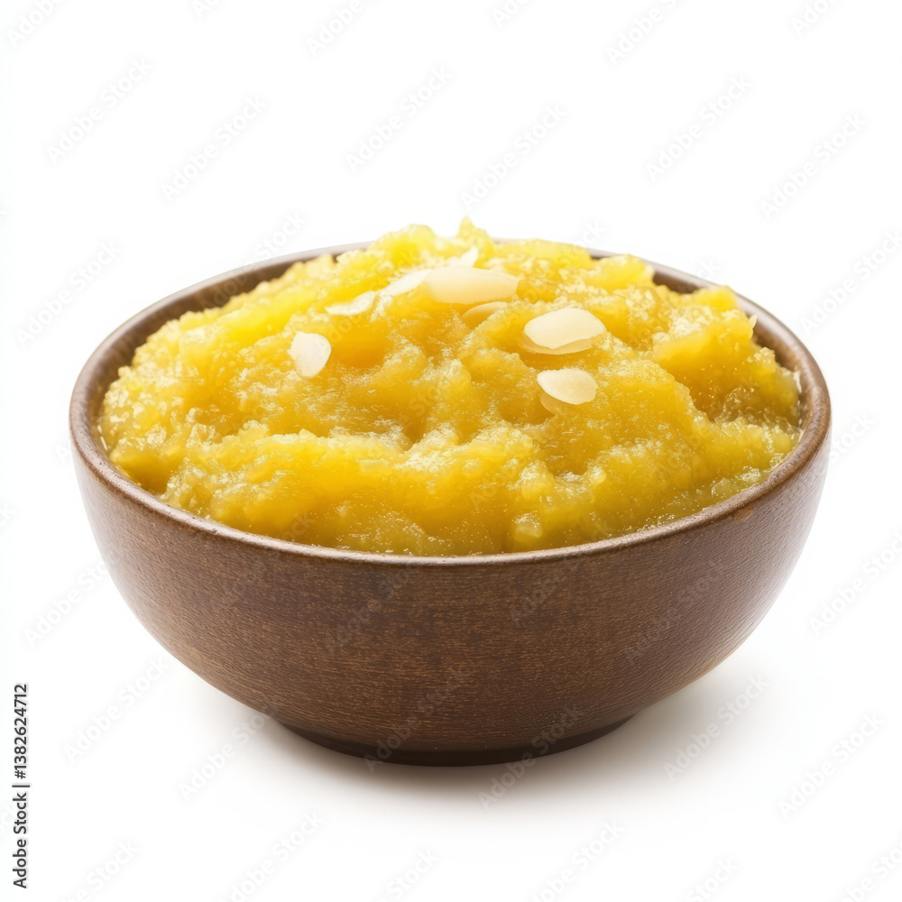 A bowl of moong dal halwa, with a sweet pudding made from mung beans, milk, and sugar, isolated on clean white background. A bowl of moong dal halwa, with a sweet pudding made from mung beans, milk, and sugar, isolated on clean white background.