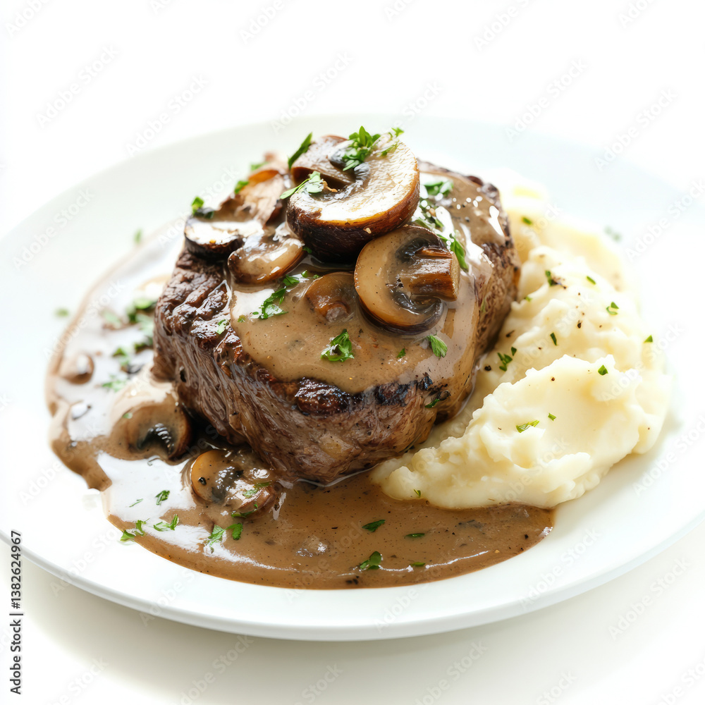 A well crafted shot of a plate of steak Diane, featuring a pan-seared steak in a creamy brandy-mushroom sauce, served with mashed potatoes. The steak Diane, with its rich, savory sauce and tender A well crafted shot of a plate of steak Diane, featuring a pan-seared steak in a creamy brandy-mushroom sauce, served with mashed potatoes. The steak Diane, with its rich, savory sauce and tender