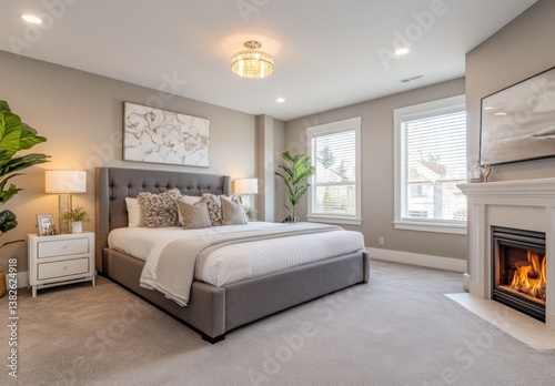 Elegant bedroom interior featuring a king size bed and fireplace