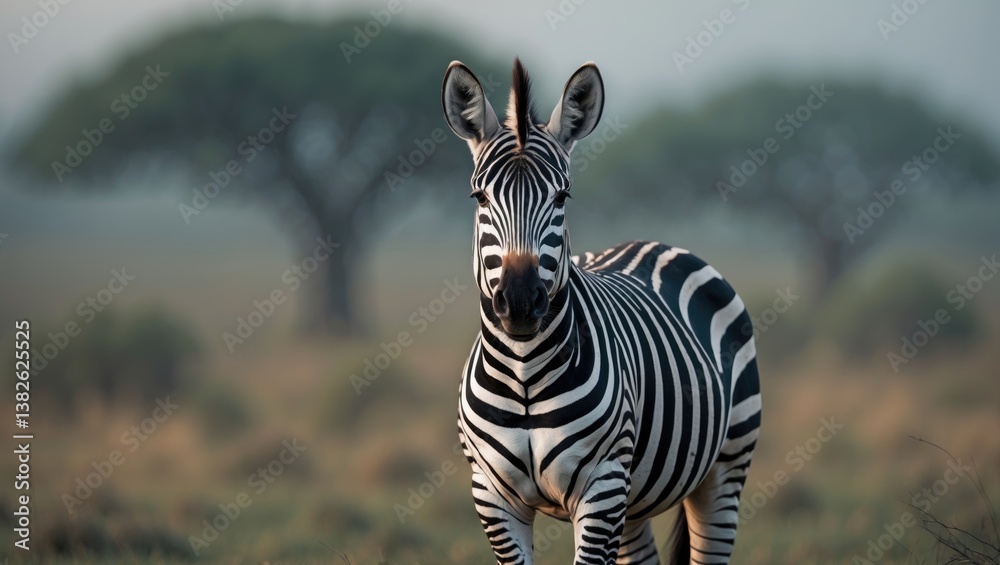 Naklejka premium Africa sunset. Plains zebra, Equus quagga, in a grassy habitat illuminated by evening light. Sunset in the savannah. Animals near large trees.