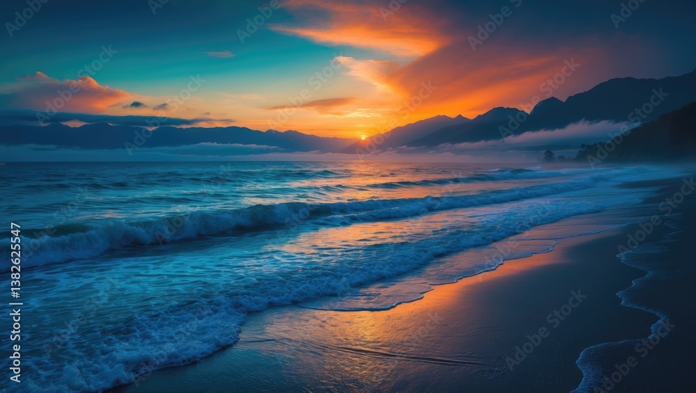 Fototapeta premium Stunning beach sunset featuring an infinite horizon and solitary figures in the distance, alongside remarkable foamy waves.
