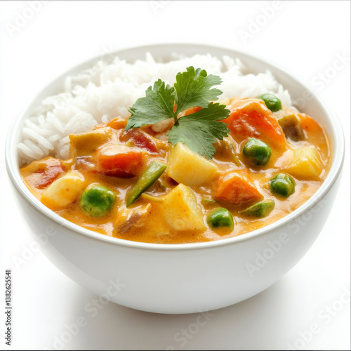 A bowl of vegetable pulissery, with a yogurt-based curry made from vegetables and coconut, served with rice, isolated on clean white background. photo