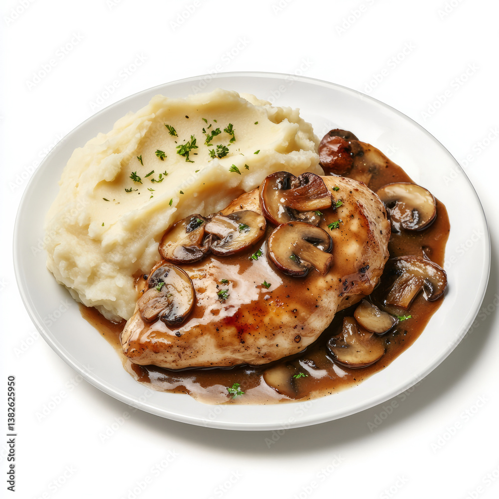 A well crafted shot of a plate of chicken marsala, featuring pan-seared chicken in a rich marsala wine sauce with mushrooms, served with mashed potatoes. The chicken marsala, with its savory mushroom A well crafted shot of a plate of chicken marsala, featuring pan-seared chicken in a rich marsala wine sauce with mushrooms, served with mashed potatoes. The chicken marsala, with its savory mushroom