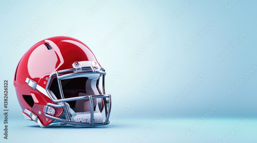 Fototapeta premium Red football helmet on blue background with white reflection detail