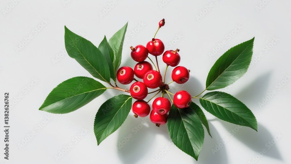 Obraz premium Red cherries with leaves isolated on a white background