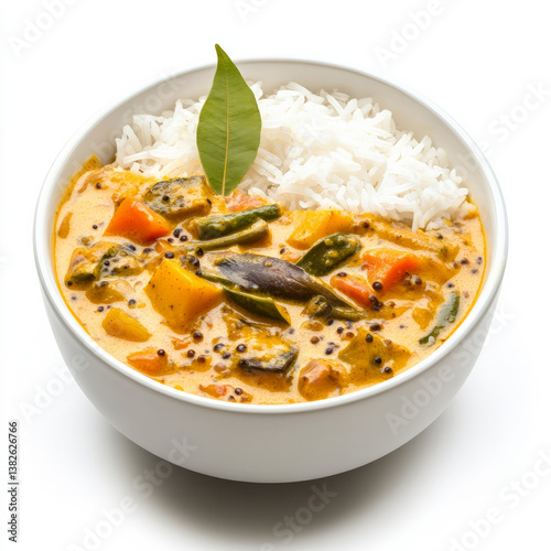 A bowl of vegetable pulissery, with a yogurt-based curry made from vegetables and coconut, served with rice, isolated on clean white background. photo