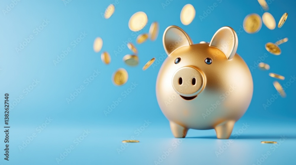 Golden piggy bank with flying coins on blue background