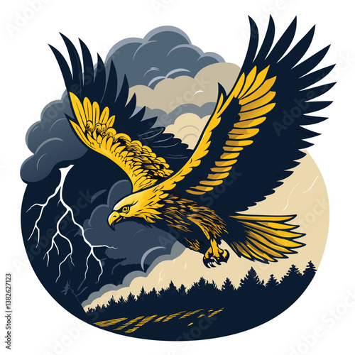 Create a vector illustration of a majestic golden eagle in a dynamic dive, using bold, golden strokes and a minimalist style. photo