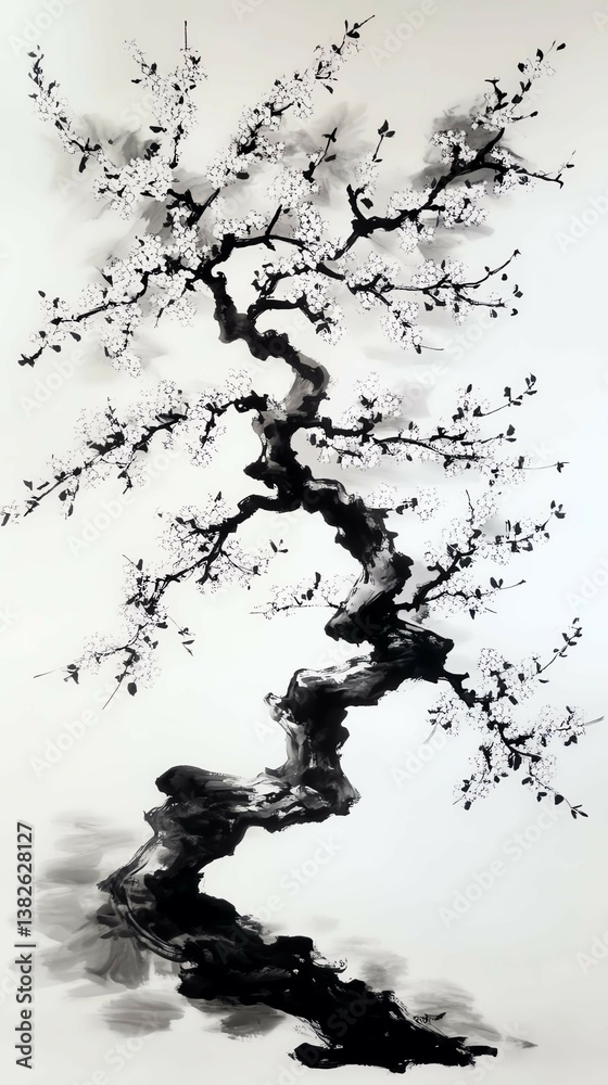 Fototapeta premium Breezy sakura tree in sumi-e art style, breezy sakura tree with ink-brush elegance, breezy sakura tree showcasing simplicity