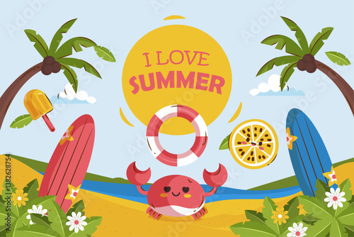 A vibrant and cheerful summer-themed illustration featuring a bright sun, gentle ocean waves, and a sandy beach with fun items like a surfboard, starfish, sunglasses, seashell, and beach ball. 