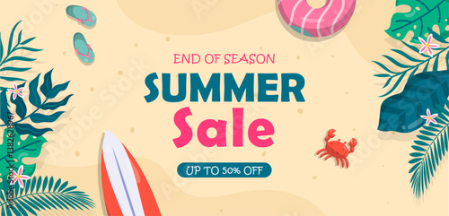 Top-down summer-themed flat lay illustration featuring beach items like an umbrella, flip-flops, beach ball, and watermelon slices, promoting a seasonal sale with up to 50% off.

