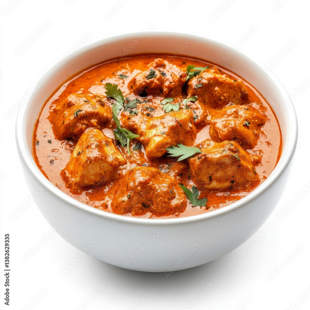 A bowl of chicken tikka masala, with tender pieces of chicken marinated in yogurt and spices, served in a creamy tomato sauce, isolated on clean white background. A bowl of chicken tikka masala, with tender pieces of chicken marinated in yogurt and spices, served in a creamy tomato sauce, isolated on clean white background.
