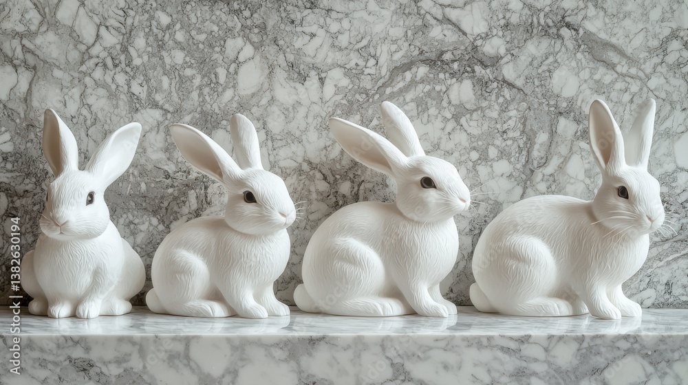 Celebrate Easter with minimalist charm Behold, a quartet of pristine white bunny figurines, each radiating subtle elegance on a pristine marble surface The sophisticated composition evokes the spirit Celebrate Easter with minimalist charm Behold, a quartet of pristine white bunny figurines, each radiating subtle elegance on a pristine marble surface The sophisticated composition evokes the spirit