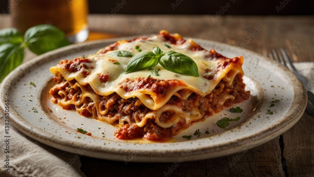 Delicious homemade lasagna with fresh basil on a rustic wooden table beside a glass of beer Delicious homemade lasagna with fresh basil on a rustic wooden table beside a glass of beer