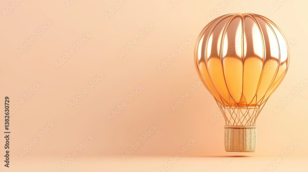 Obraz premium Golden hot air ballon with gold plating on peach background, concept of travel and adventure, elegant decorative element for greeting card, gift, birthday