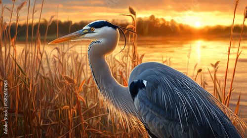 Great Blue Heron Posing Majestically Against a Stunning Sunset Over Tranquil Waterscape photo