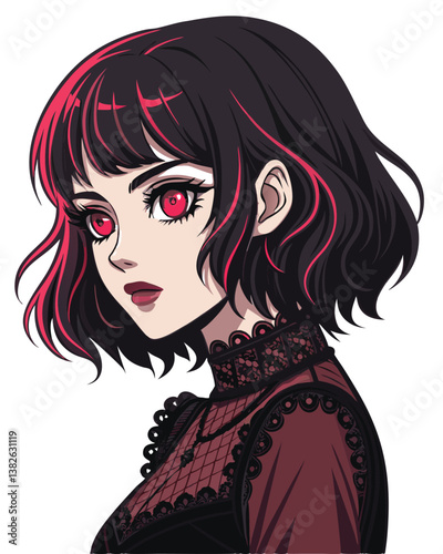 Create a vector illustration of a bold, gothic-styled anime woman with dramatic, impactful strokes.  Focus on strong lines and dark color palette.