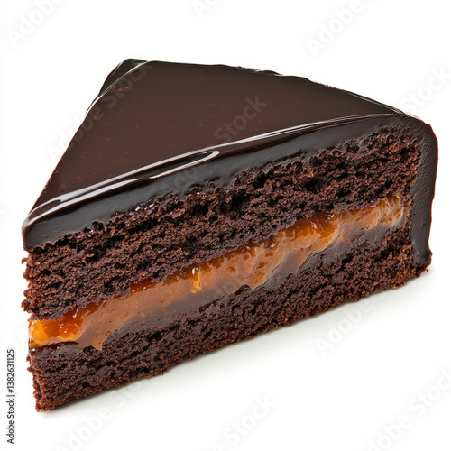 A detail rich image of a slice of sacher torte, a dense chocolate cake with apricot jam filling, coated in dark chocolate ganache. The sacher torte, with its rich chocolate flavor and sweet apricot