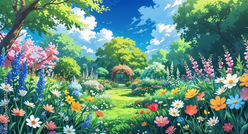 A vibrant garden with various spring flowers in full bloom beneath a bright blue sky anime cartoon style illustration artwork design background