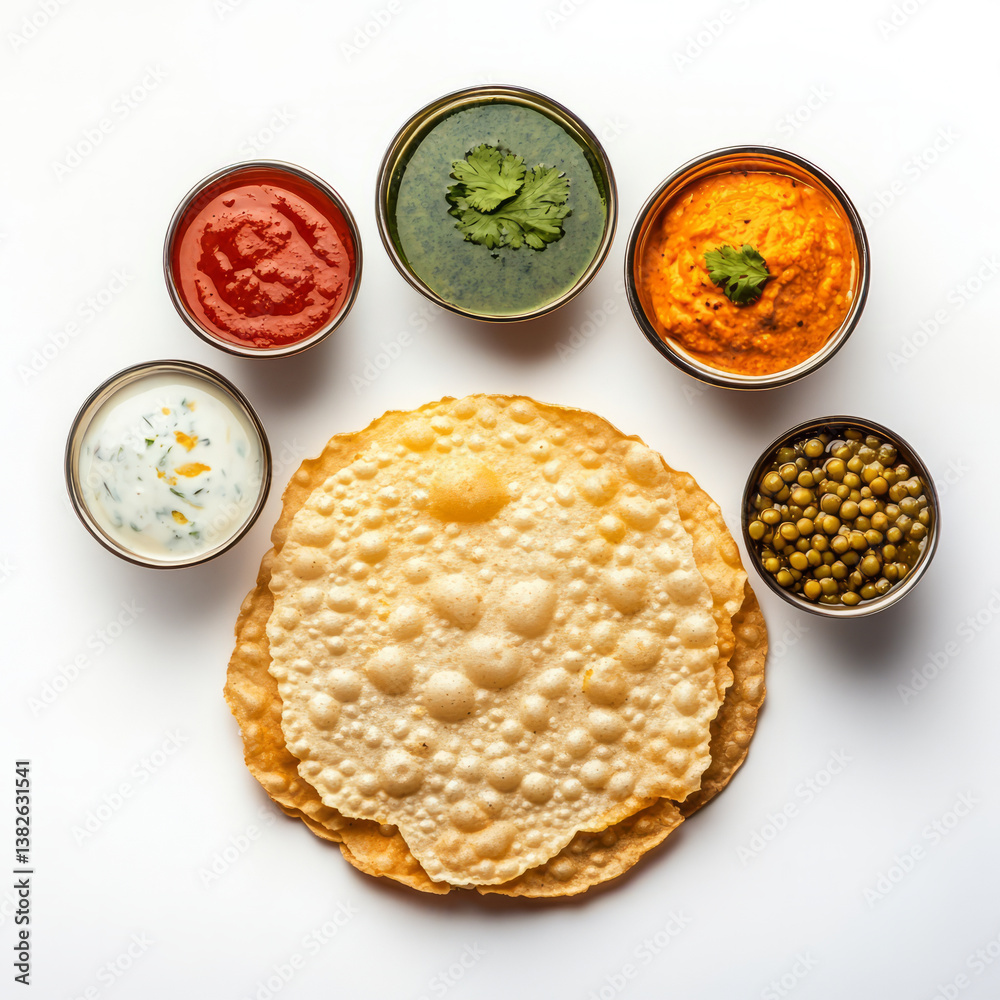A close-up of a papadum, with a thin and crispy lentil wafer, served as an appetizer, isolated on clean white background, surrounded by various dipping sauces. A close-up of a papadum, with a thin and crispy lentil wafer, served as an appetizer, isolated on clean white background, surrounded by various dipping sauces.