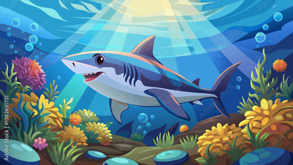 Obraz premium Shark swimming gracefully over coral reef under sun rays