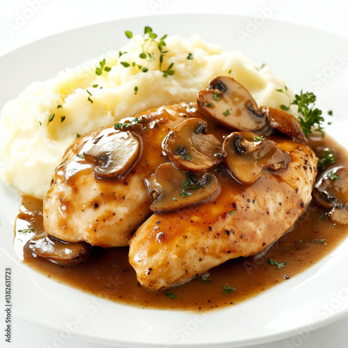 A well crafted shot of a plate of chicken marsala, featuring pan-seared chicken in a rich marsala wine sauce with mushrooms, served with mashed potatoes. The chicken marsala, with its savory mushroom