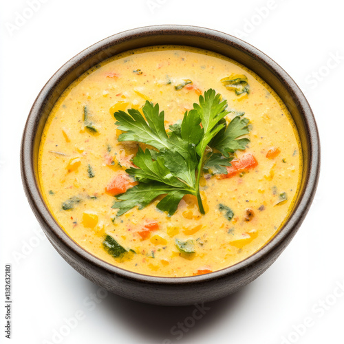 A bowl of vegetable pulissery, with a yogurt-based curry made from vegetables and coconut, isolated on clean white background. photo