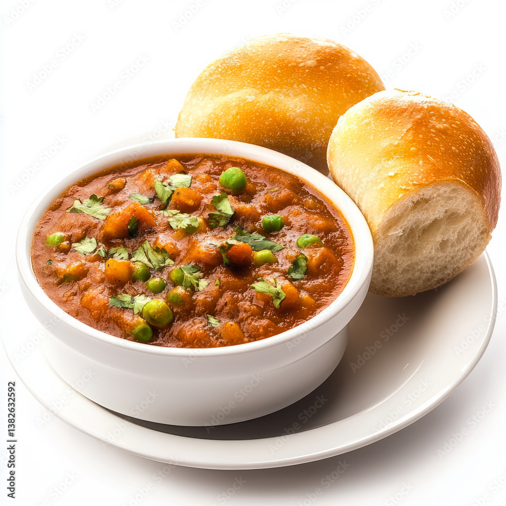 A close-up of a pav bhaji, with a spicy vegetable curry served with buttered bread rolls, isolated on clean white background. A close-up of a pav bhaji, with a spicy vegetable curry served with buttered bread rolls, isolated on clean white background.
