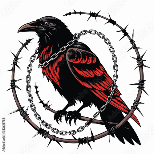 Design a bold, vector illustration of a gothic raven, characterized by sharp lines and dramatic shadows; incorporate chain details.