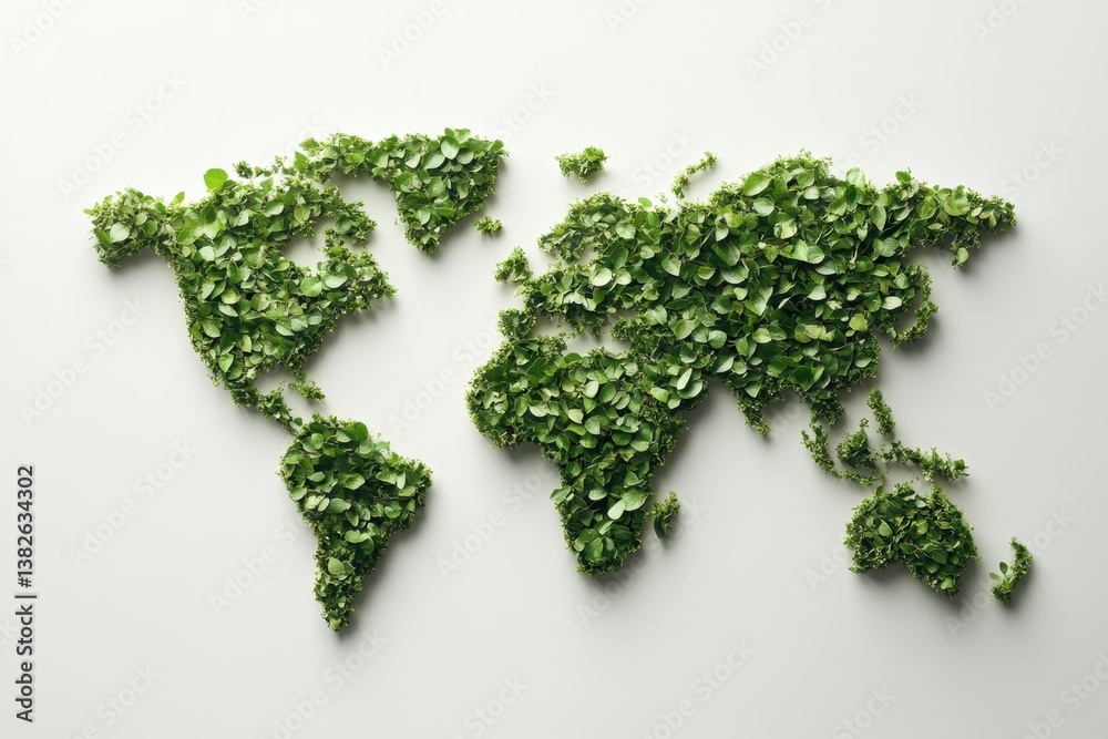 World map crafted from vibrant green leaves, symbolizing nature's beauty and interconnectedness on a clean white backdrop World map crafted from vibrant green leaves, symbolizing nature's beauty and interconnectedness on a clean white backdrop