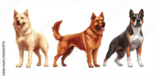 Illustrative depiction featuring three distinct dog breeds side by side on white backdrop