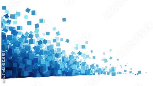 Abstract arrangement of blue cubes in varying sizes and shades, flowing dynamically across a clean white background, symbolizing modernity and creativity