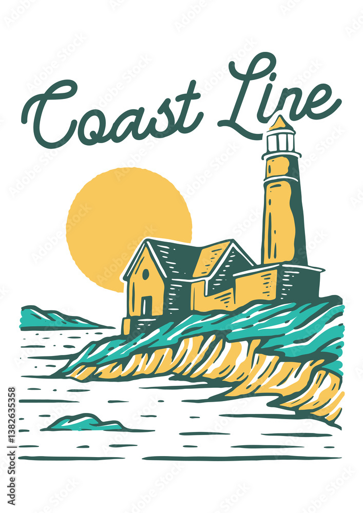 Naklejka premium Coastal Lighthouse by the Sea – Serene Coastal Illustration