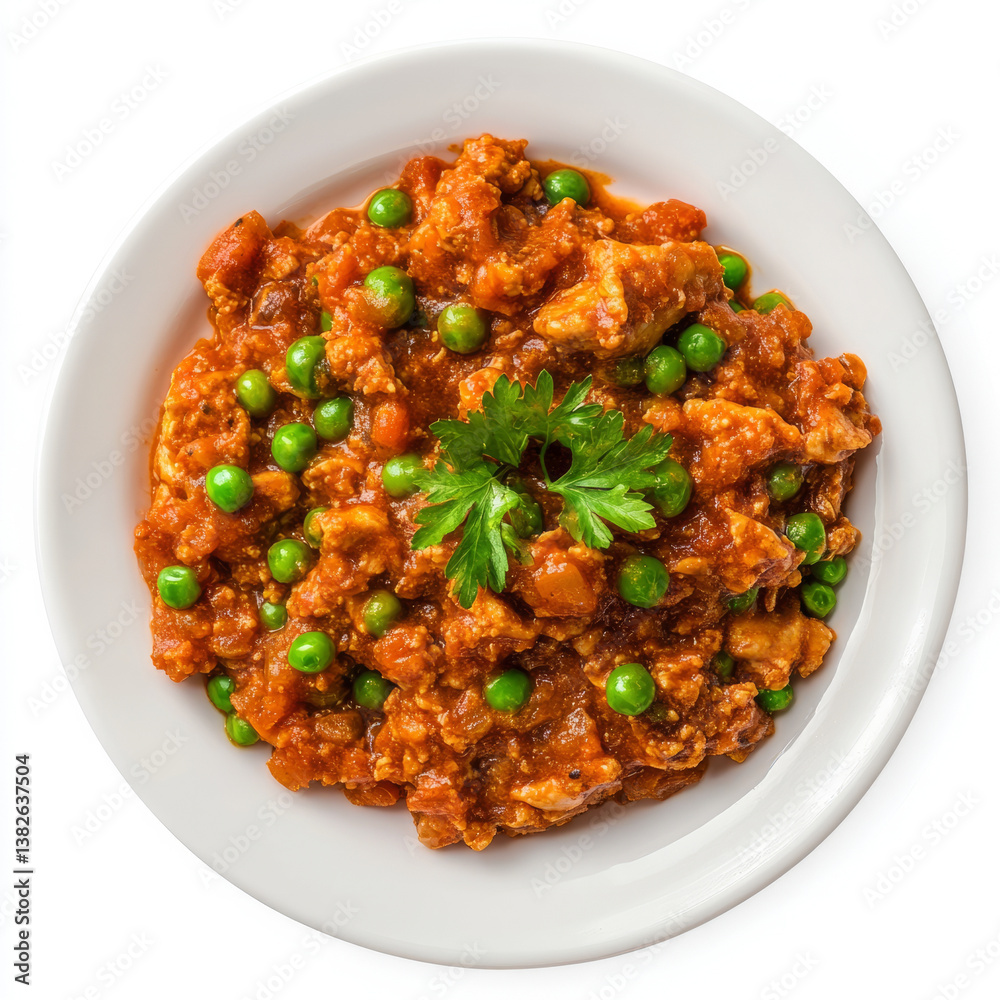 A plate of chicken keema, with minced chicken cooked in a flavorful tomato and onion sauce, with peas, isolated on clean white background. A plate of chicken keema, with minced chicken cooked in a flavorful tomato and onion sauce, with peas, isolated on clean white background.