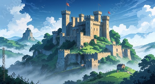 Ancient stone castle perched on hilltop surrounded by misty landscape anime cartoon style illustration artwork design background