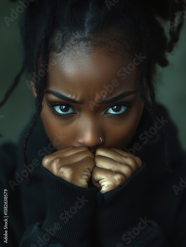 Portrait of young Black woman with hands covering her mouth expressing deep emotional vulnerability