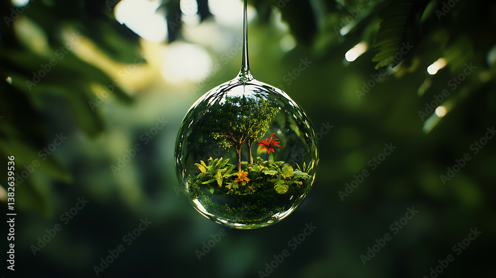 A single drop of water floating in mid-air, inside is a small, lush rainforest A single drop of water floating in mid-air, inside is a small, lush rainforest
