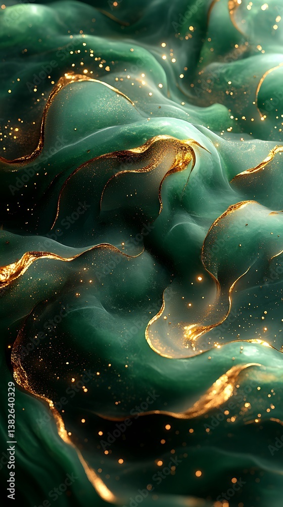 Obraz premium Abstract Swirling Green Waves with Golden Accents in Mystical Underwater Landscape