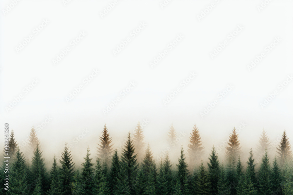 Evergreen forest emerging from fog in the early morning Evergreen forest emerging from fog in the early morning