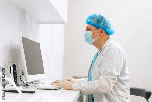 Male dentist in protective mask typing on the computer in dentist office