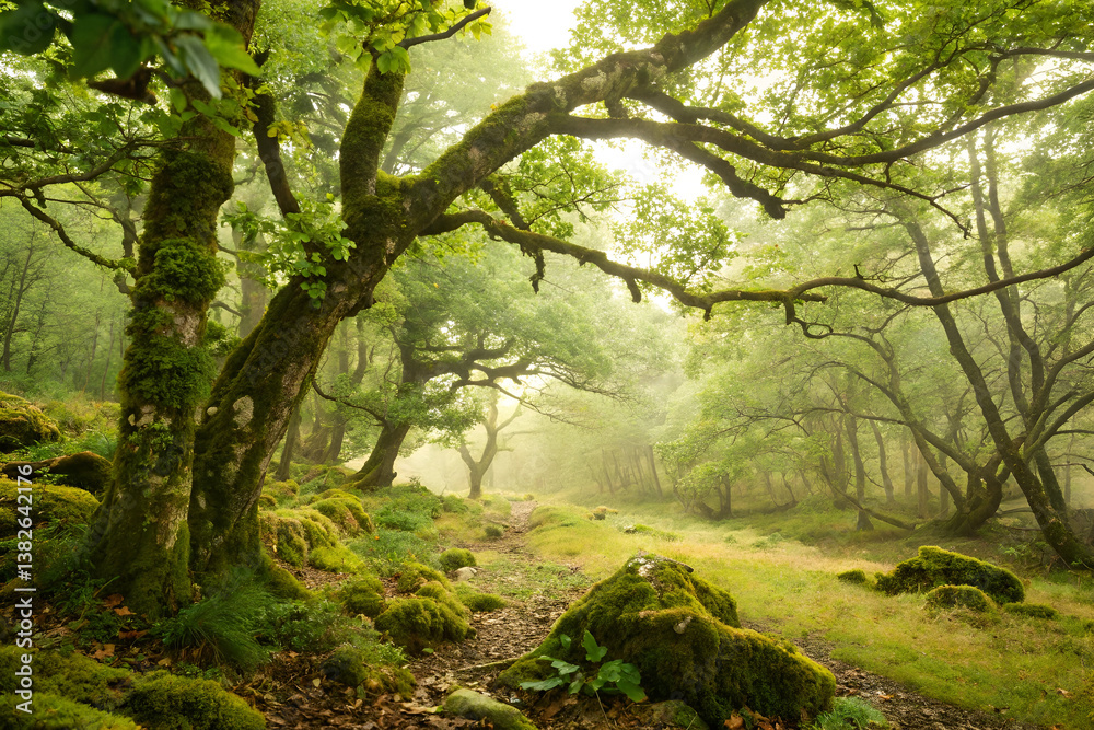 Mystical Forest Path Through Mossy Trees and Mist. Mystical Forest Path Through Mossy Trees and Mist.