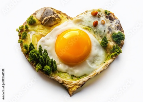 Double Exposure: Fried Egg on Miniature Map with Yellow Pin - Stock Photo