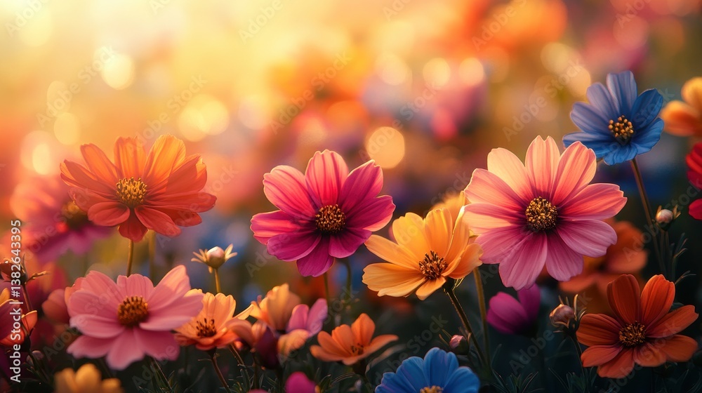 Colorful cosmos flowers in a garden at sunset Colorful cosmos flowers in a garden at sunset
