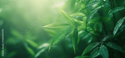 Enchanted leaves glisten with dew in a lush bamboo enclave capturing the essence of nature's vivid textures and colors