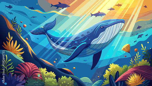 Majestic whale swimming under water with light filtering from above