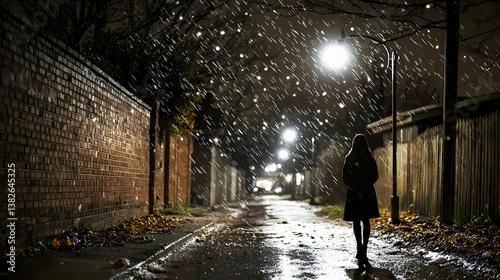 Silhouette of a Woman Walking in Snowy City Alley at Night