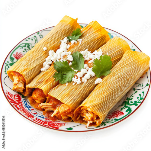 A colorful plate of chicken tamales, wrapped in corn husks and steamed until tender, filled with shredded chicken and a savory red sauce, garnished with cotija cheese and cilantro. isolated on clean photo