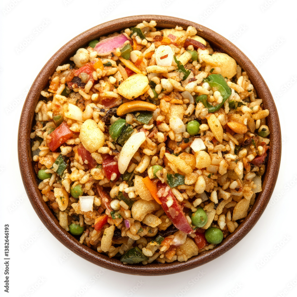 A close-up of a bhel puri, with a savory snack made from puffed rice, vegetables, and chutneys, isolated on clean white background. A close-up of a bhel puri, with a savory snack made from puffed rice, vegetables, and chutneys, isolated on clean white background.