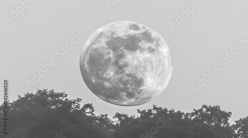 The large moon shines above the dark silhouettes of tree branches