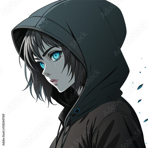Create a dynamic vector illustration of a half-body anime woman with bold, impactful line strokes.  Emphasize strong graphic style.